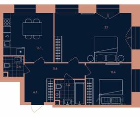 ЖК «ERA», планировка 2-комнатной квартиры, 65.00 м²
