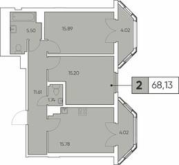 ЖК «Tesoro», планировка 2-комнатной квартиры, 68.13 м²