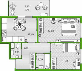 ЖК «FRIENDS», планировка 2-комнатной квартиры, 54.05 м²