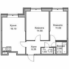ЖК «Юнтолово», планировка 3-комнатной квартиры, 54.50 м²