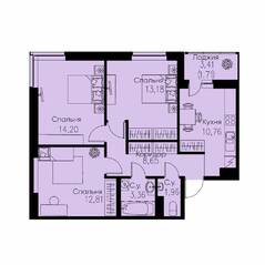 ЖК «ID Кудрово», планировка 3-комнатной квартиры, 66.63 м²