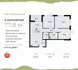 ЖК «А101 Всеволожск», планировка 4-комнатной квартиры, 77.80 м²
