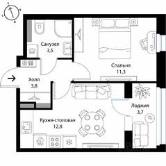 МЖК «Экография», планировка 1-комнатной квартиры, 33.30 м²