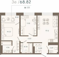 Апарт-комплекс «17/33 Петровский остров», планировка 2-комнатной квартиры, 68.82 м²