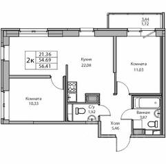 ЖК «Парк-квартал Юнтолово», планировка 3-комнатной квартиры, 56.41 м²