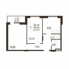 ЖК «Рубеж», планировка 2-комнатной квартиры, 51.73 м²