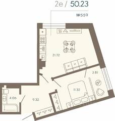 Апарт-комплекс «17/33 Петровский остров», планировка 1-комнатной квартиры, 50.23 м²