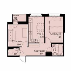 ЖК «ID Murino II», планировка 2-комнатной квартиры, 45.73 м²