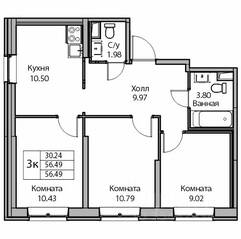 ЖК «Юнтолово», планировка 3-комнатной квартиры, 55.70 м²