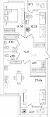 ЖК «Лайнеръ», планировка 2-комнатной квартиры, 76.18 м²