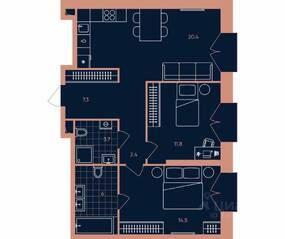 ЖК «ERA», планировка 3-комнатной квартиры, 66.10 м²