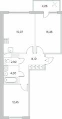 ЖК «Ясно. Янино», планировка 2-комнатной квартиры, 62.43 м²