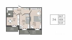 ЖК «Sertolovo Park», планировка 2-комнатной квартиры, 52.20 м²