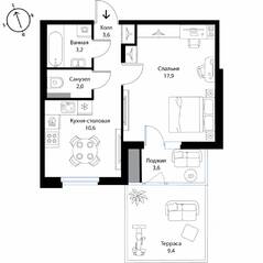 МЖК «Экография», планировка 1-комнатной квартиры, 41.90 м²