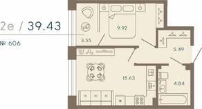 Апарт-комплекс «17/33 Петровский остров», планировка 1-комнатной квартиры, 39.43 м²