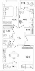 ЖК «Лайнеръ», планировка 2-комнатной квартиры, 63.61 м²