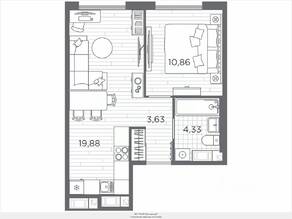 ЖК «Plus Пулковский», планировка 1-комнатной квартиры, 38.70 м²