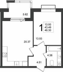 ЖК «Мишино-2», планировка 1-комнатной квартиры, 46.30 м²