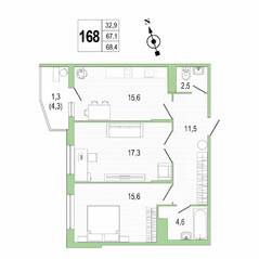 ЖК «Lotos Club», планировка 2-комнатной квартиры, 68.20 м²