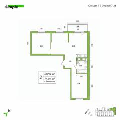 ЖК «Simple», планировка 2-комнатной квартиры, 72.00 м²