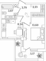 ЖК «Лайнеръ», планировка 1-комнатной квартиры, 34.32 м²