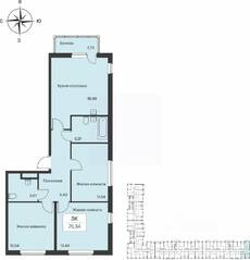ЖК «Расцветай в Янино», планировка 3-комнатной квартиры, 75.34 м²