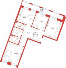 ЖК «Ariosto!», планировка 3-комнатной квартиры, 102.64 м²