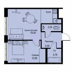 ЖК «ID Кудрово», планировка 1-комнатной квартиры, 42.59 м²