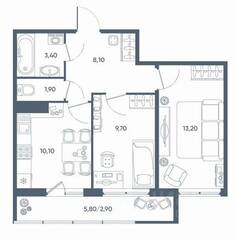 ЖК «Геометрия» (Кудрово), планировка 2-комнатной квартиры, 46.30 м²