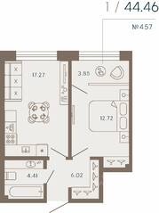 Апарт-комплекс «17/33 Петровский остров», планировка 1-комнатной квартиры, 44.46 м²