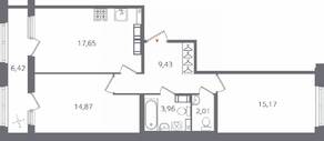 ЖК «Б15», планировка 2-комнатной квартиры, 66.30 м²
