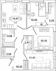 ЖК «Master Place», планировка 3-комнатной квартиры, 67.74 м²