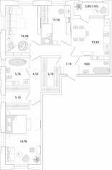 ЖК «Тайм Сквер», планировка 3-комнатной квартиры, 95.60 м²