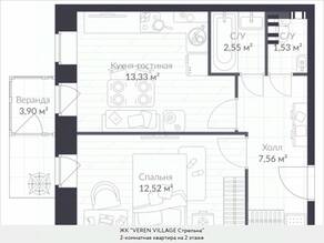 МЖК «Veren Village стрельна», планировка 2-комнатной квартиры, 40.70 м²