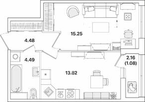ЖК «Академик», планировка 1-комнатной квартиры, 39.12 м²