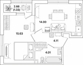 ЖК «Академик», планировка 1-комнатной квартиры, 39.08 м²