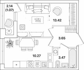 ЖК «Академик», планировка 1-комнатной квартиры, 31.88 м²