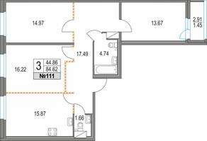 ЖК «Приморский квартал», планировка 3-комнатной квартиры, 84.62 м²