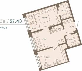 Апарт-комплекс «17/33 Петровский остров», планировка 2-комнатной квартиры, 57.43 м²