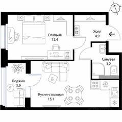 МЖК «Экография», планировка 1-комнатной квартиры, 37.60 м²