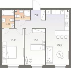 ЖК «Twelve», планировка 3-комнатной квартиры, 66.90 м²