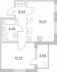ЖК «Югтаун. Олимпийские кварталы», планировка 1-комнатной квартиры, 38.89 м²