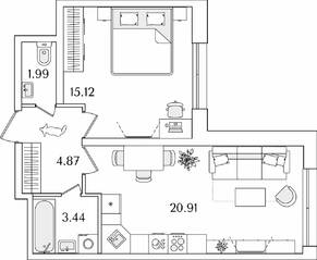 ЖК «БелАрт», планировка 1-комнатной квартиры, 46.33 м²
