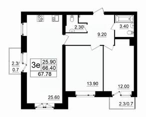 МЖК «Итальянский квартал», планировка 3-комнатной квартиры, 67.80 м²