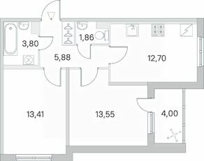 ЖК «Югтаун. Олимпийские кварталы», планировка 2-комнатной квартиры, 53.20 м²