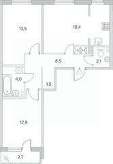МЖК «Новое Сертолово», планировка 2-комнатной квартиры, 62.20 м²
