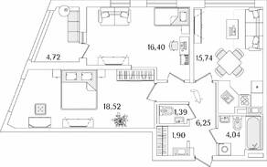 ЖК «Лайнеръ», планировка 2-комнатной квартиры, 66.60 м²