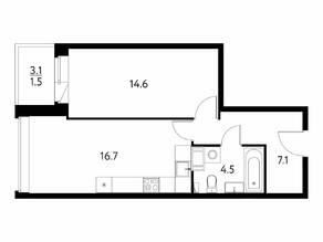 ЖК «Солнечный парк», планировка 1-комнатной квартиры, 44.44 м²