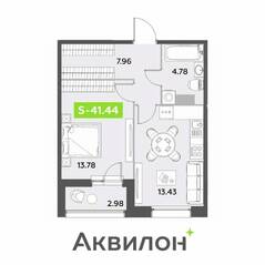 ЖК «Аквилон Leaves», планировка 1-комнатной квартиры, 41.44 м²