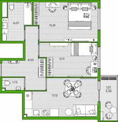 ЖК «FRIENDS», планировка 2-комнатной квартиры, 62.51 м²